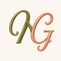 NG embroidered logo of Naaz Garments in olive green and rose gold on a cream background.