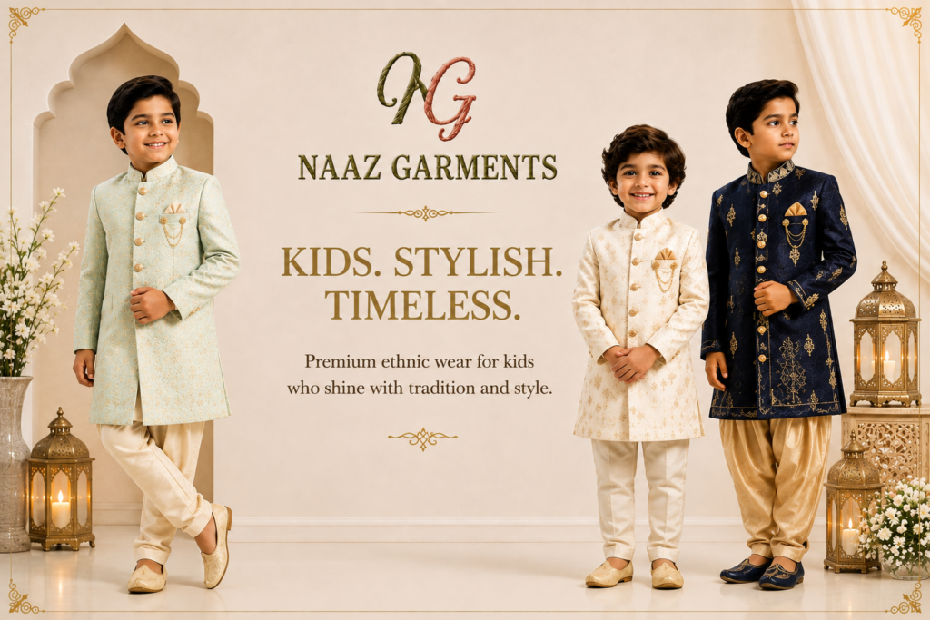 Three young boys wearing premium peach embroidered sherwanis with cream churidars in a luxurious cream-themed studio setting, showcasing Naaz Garments' stylish kids ethnic wear collection.